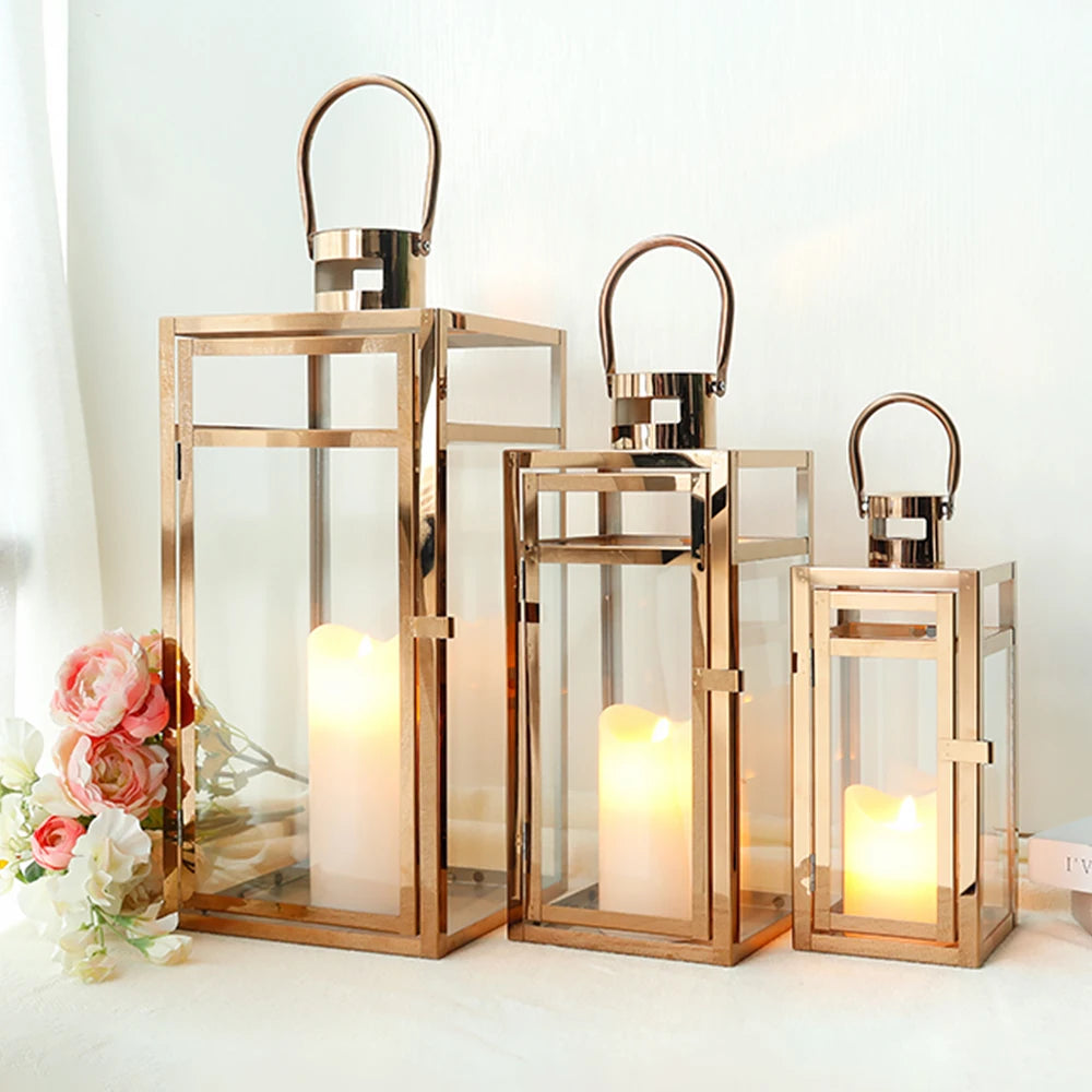 Gold Stainless Steel Candle Lantern Hanging Metal Candle Holder for Home Outdoor Garden Decoration
