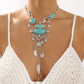 Kaimei New Arrival Fashion Jewelry Retro Bohemian Natural Turquoise Stone Necklace New Alloy Retro Design Y-shaped Necklace