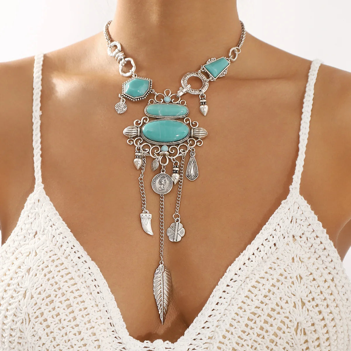 Kaimei New Arrival Fashion Jewelry Retro Bohemian Natural Turquoise Stone Necklace New Alloy Retro Design Y-shaped Necklace