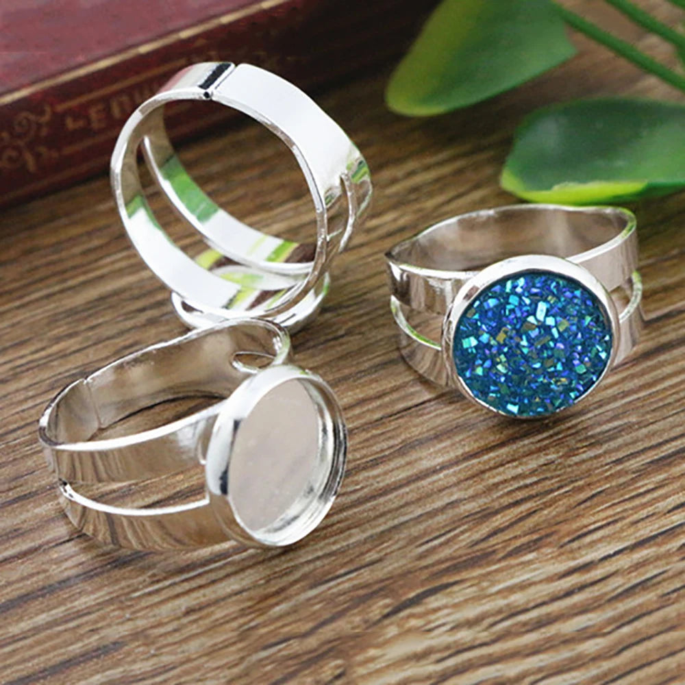 10pcs/lot 12mm 14mm 16mm 18mm Silver Plated Brass Adjustable Ring Settings Blank Base Round Cabochon DIY Rings Bezel Trays