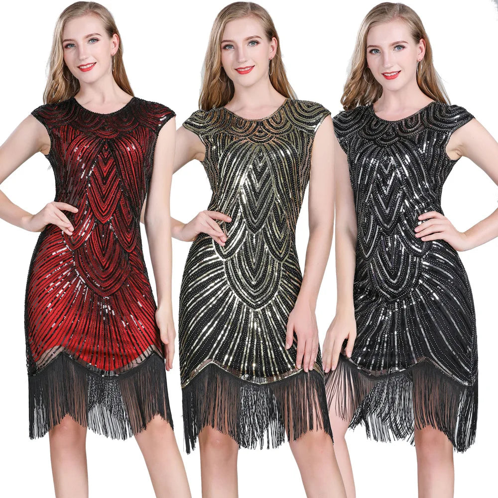 Elegant Empire Waistline Knee-Length Evening Party Dresses for Women Plus Size Sleeveless Sequin Embroidery Beading Fringe