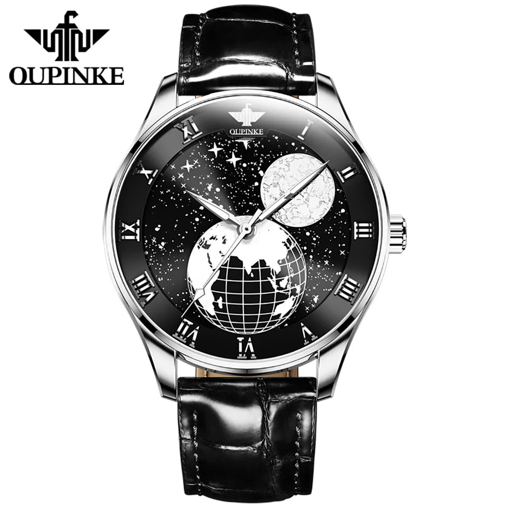 Oupinke 3177 Fashion Hands Men Automatic Genuine Leather Earth Sky Moon Phase Watch Import Movement Mechanical Wristwatches