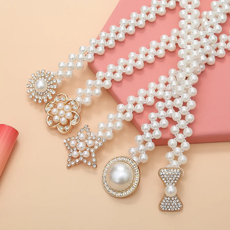 30 Styles Pearl Waist Belts for Women Dresses Elastic Alloy Buckle Ladies Belt Flower Heart Crystal Girls Waist Belts Waistband