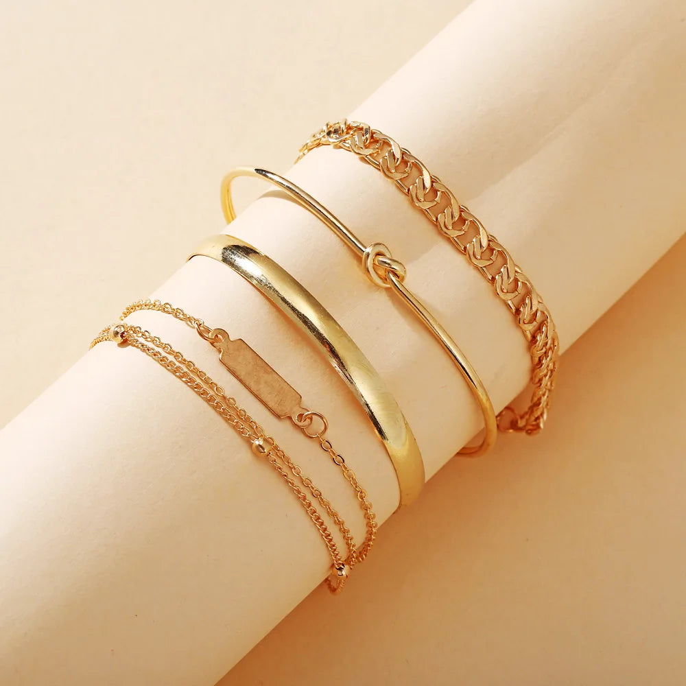 HOVANCI Best Selling Gold Plated Five Layer Multilayer Tags Charms Bracelet Metal Knotted Bangle for Women