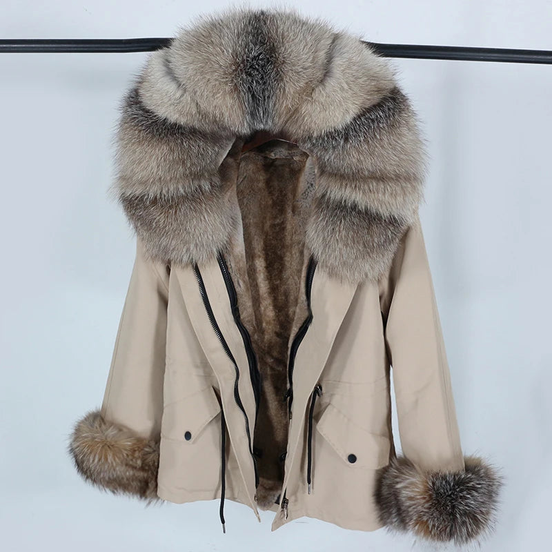 OFTBUY 2023 Women's New Winter Parka Short Real Fox Raccoon Fur Collar Hooded Thick Warm Natural Coat Zipper Streetwear