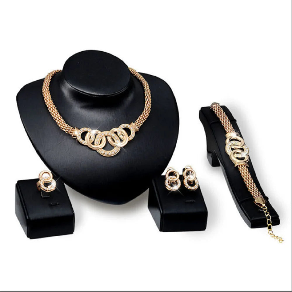 Fashion Brass Alloy with 18k Gold Plated Five Rings Jewelry Set Charm Necklace Earring Ring Bracelet Jewellery Sets for Women