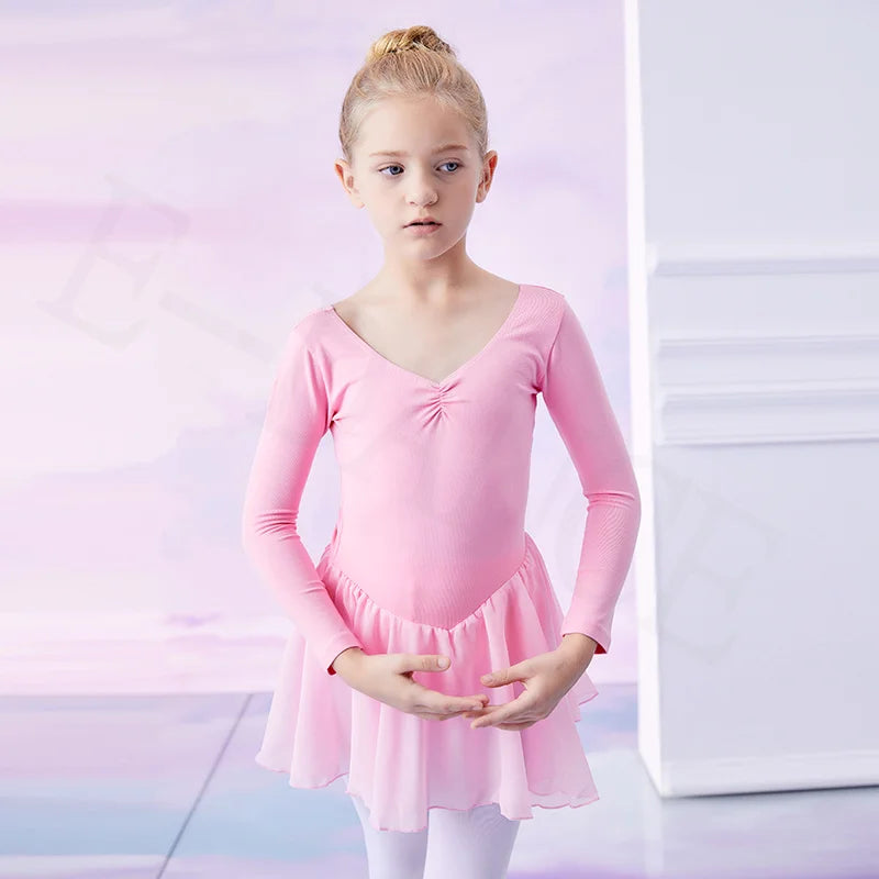 B8003 Training  Long Sleeve Cotton Leotard With Chiffon Skirt Ballet Tutu Dresses for Girls