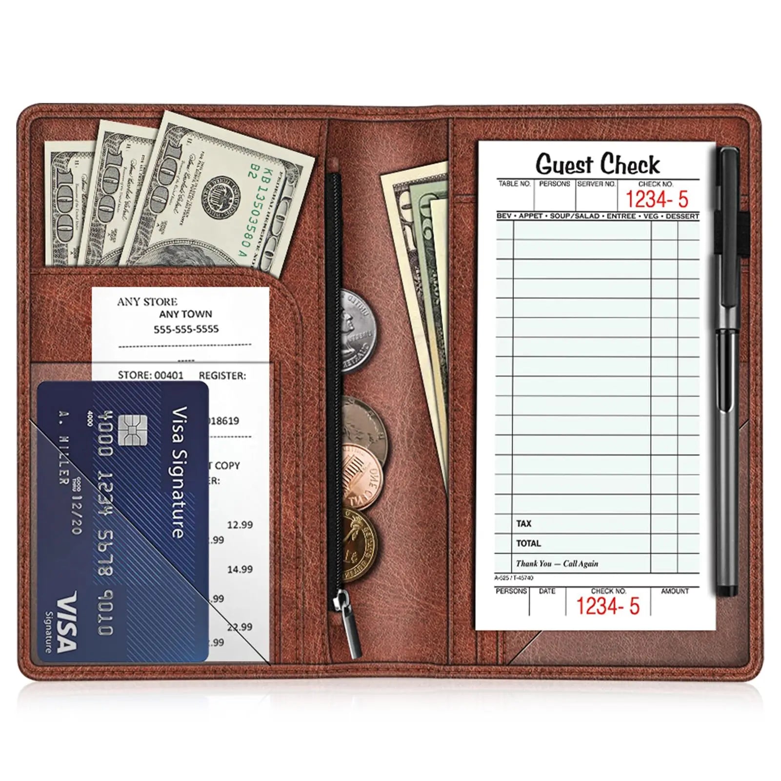 Boshiho Customized Large Capacity Leather Server Book Organizer Hotel and Restaurant Waitress/Waiter Order Holder
