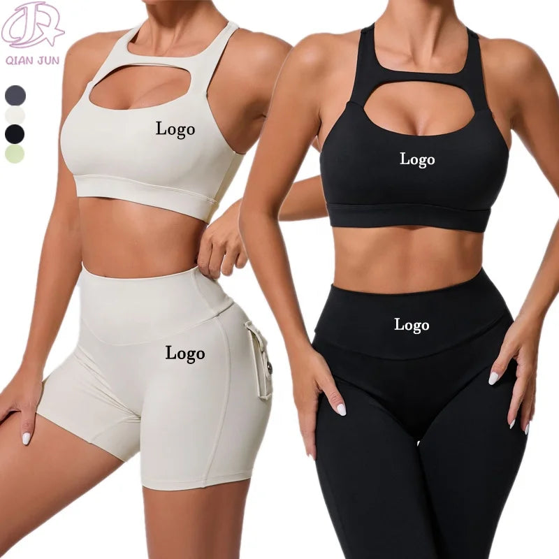 Customized Logo 3-Piece Women's Gym Fitness Active Wear Sets Breathable Yoga Suit Jog Elastic Waist Plus Size Summer Running