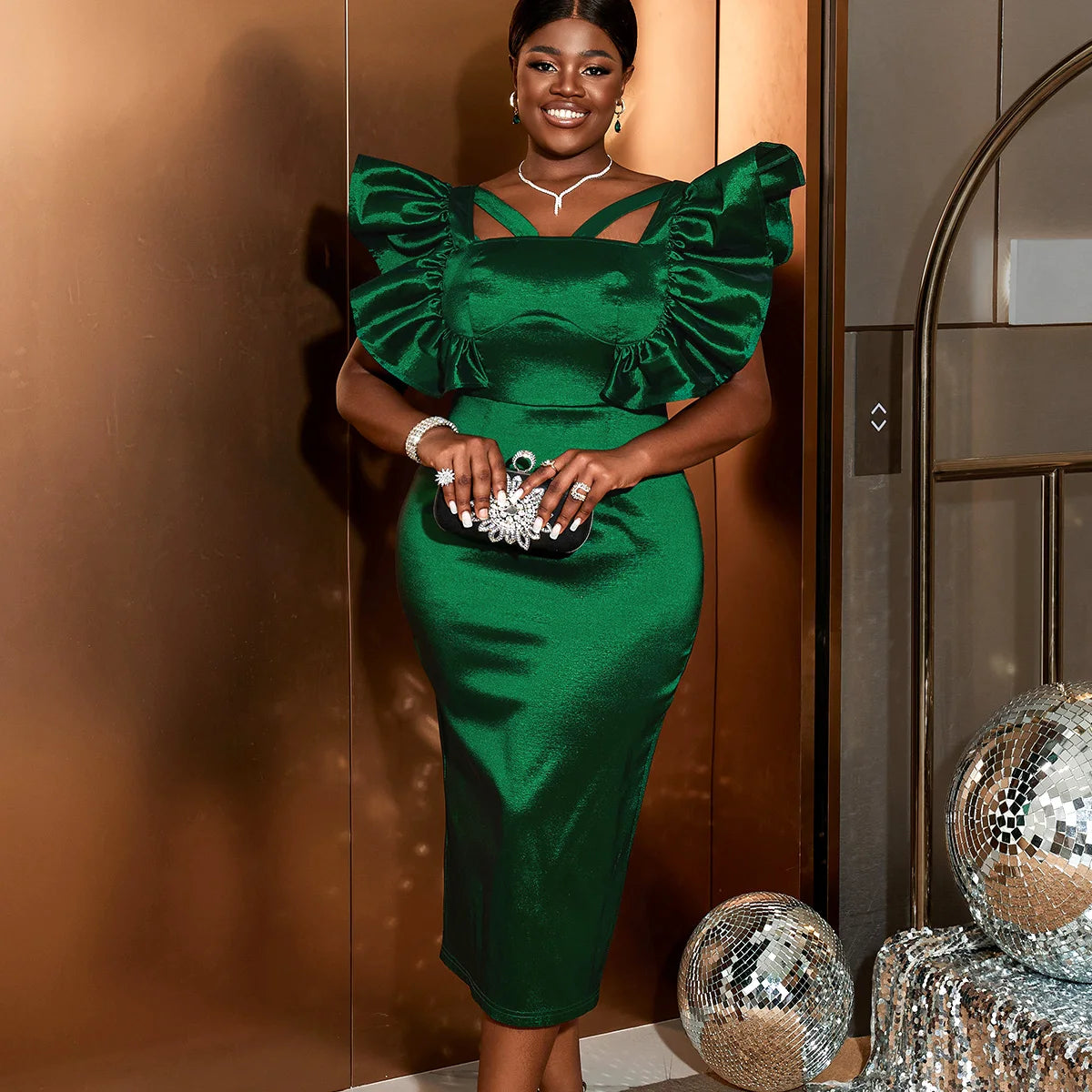Custom Green Shimmer Cut Out Slim Women Ruffle Christmas Cocktail Dress
