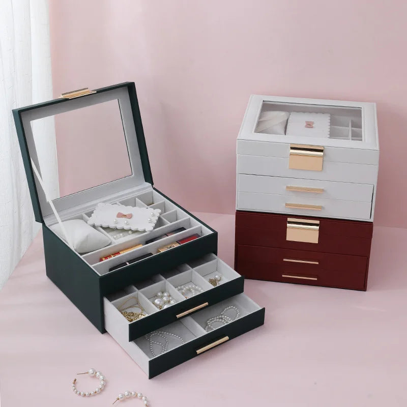 3-Layers Jewelry Organizer Box Leather Large Capacity Jewelry Storage Display Case Necklace Earrings Holder Double Drawer Box