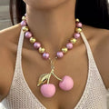 2025 Summer Vacation Daily Stainless Steel Pearl Beaded Necklace Jewelry Red Pink Black Cherry Pendant Necklace Gifts for Women