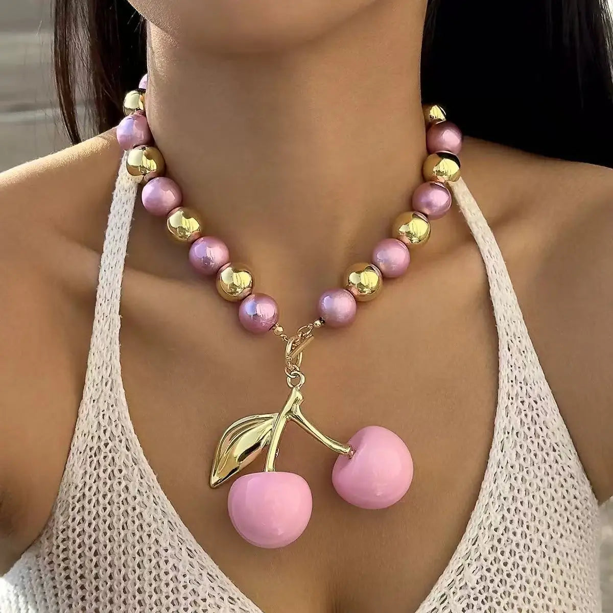 2025 Summer Vacation Daily Stainless Steel Pearl Beaded Necklace Jewelry Red Pink Black Cherry Pendant Necklace Gifts for Women