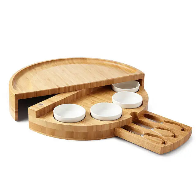 Portable Collapsible Outdoor Party Charcuterie Round Bamboo Cheese  Board With 4 Ceramics Bowl and Cutlery