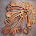 Great 9-Piece Eco-Friendly Natural Teak Wooden Kitchen Utensils Set with Spoons for Non-Stick Pans