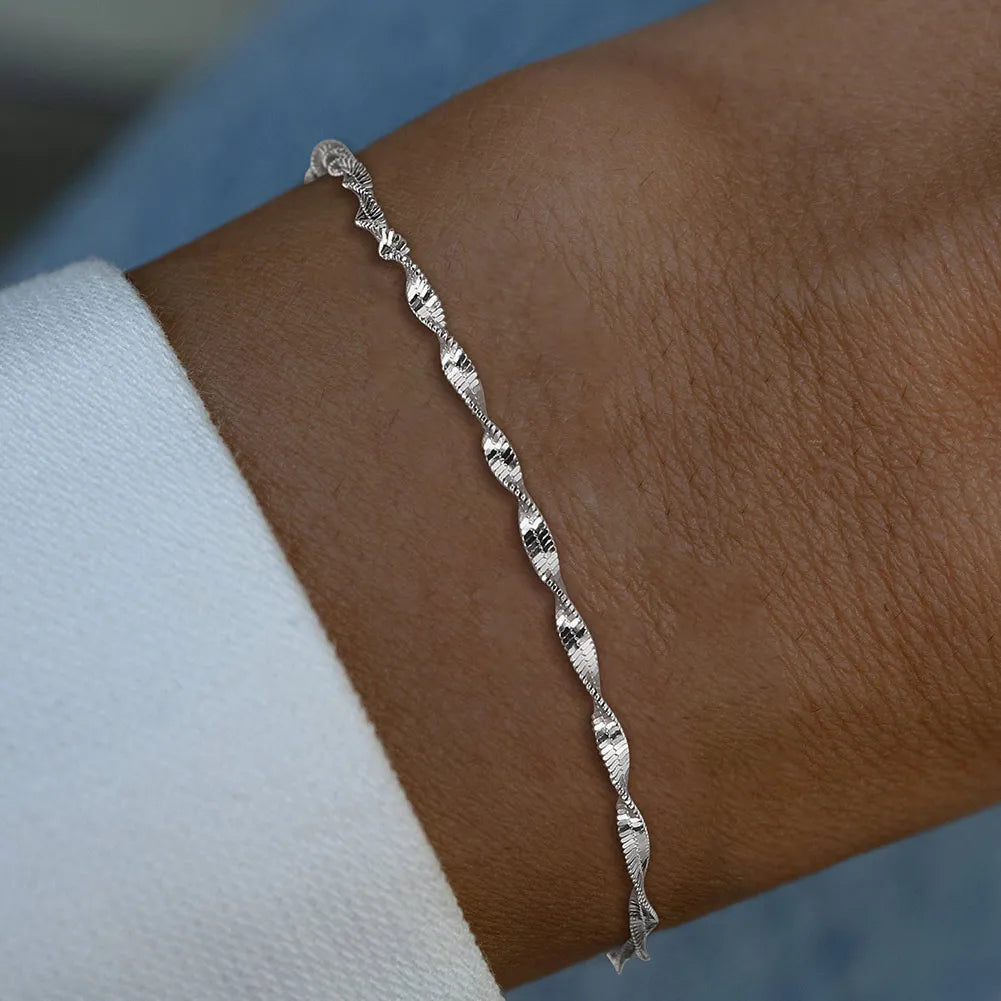 RINNTIN SB182 Fast Shipping Adjustable Simple Style 2mm Double Layer Water Wave Chain Bracelet 925 Sterling Silver Jewelry Women