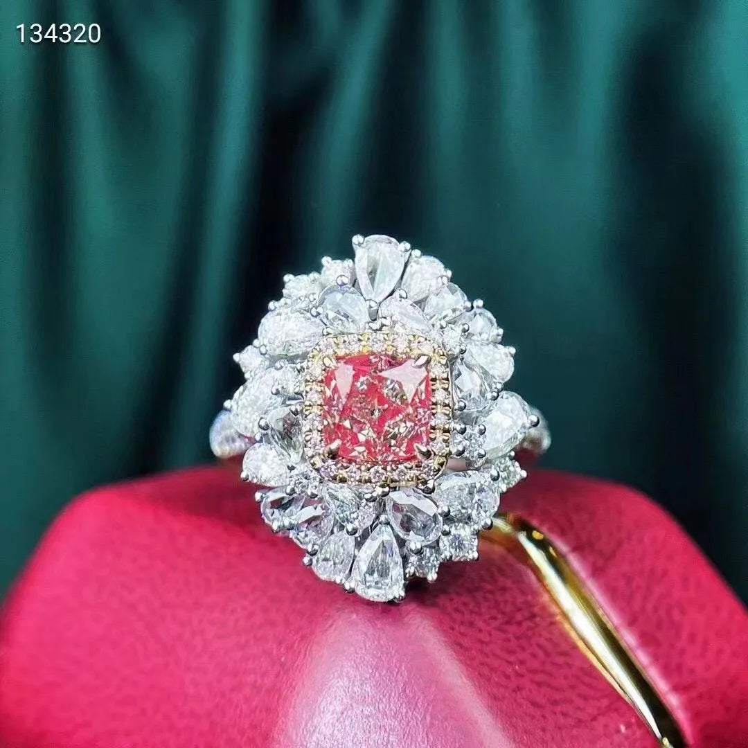 SGARIT Trendy Jewelry Natural Diamond Cluster Ring 18K White Gold 1.04CT Cushion Cut Genuine Luxury Pink Diamond Engagement Ring