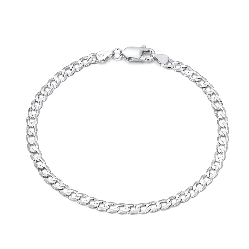 Classic Vermeil 18K Gold Plated 3mm Flat Curb Chain Bracelet 925 Sterling Silver Rhodium Plated Bracelet for Women and Men