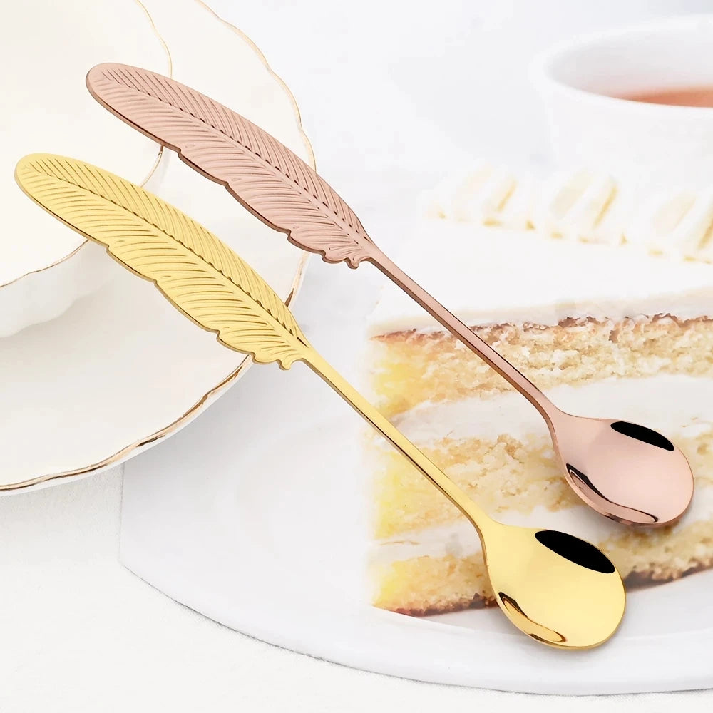 Tea Coffee Mixing Spoon Gold Spoon Dessert Stainless Steel Tea Coffee Spoon Ice Cream Vintage Feather Teaspoons