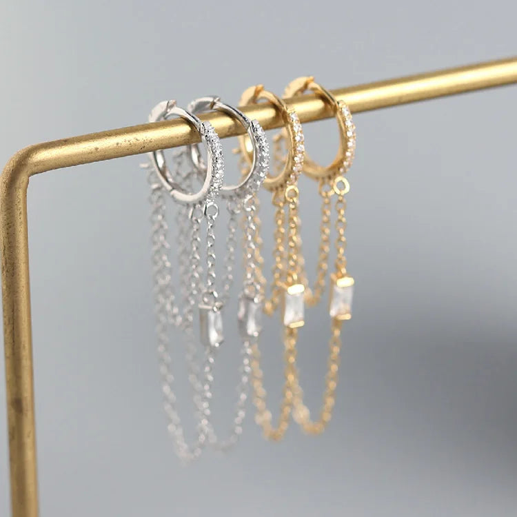YHE0180 S925 Silver Double Tassels Chain Drop Dangle Earrings Huggie Hoop Ear Cuff Hug Ear Lobes Cartilage Studs Punk Style
