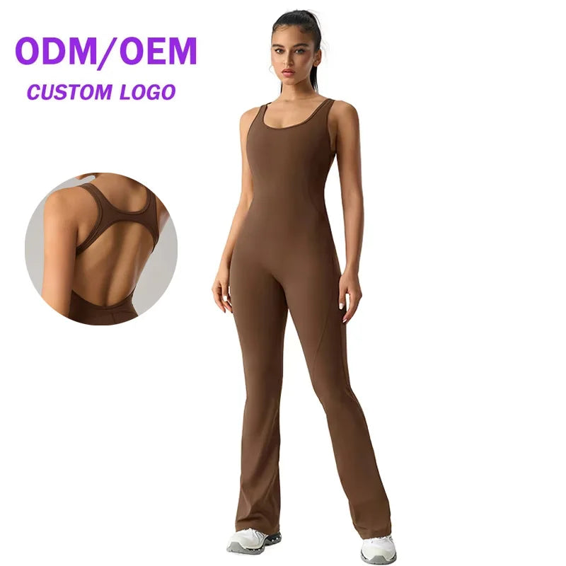 Women Slimming Sleeveless Bodysuit Tank Leotard Yoga Romper Crew Neck Bell Bottoms Flare Leggings Playsuits Jumpsuits