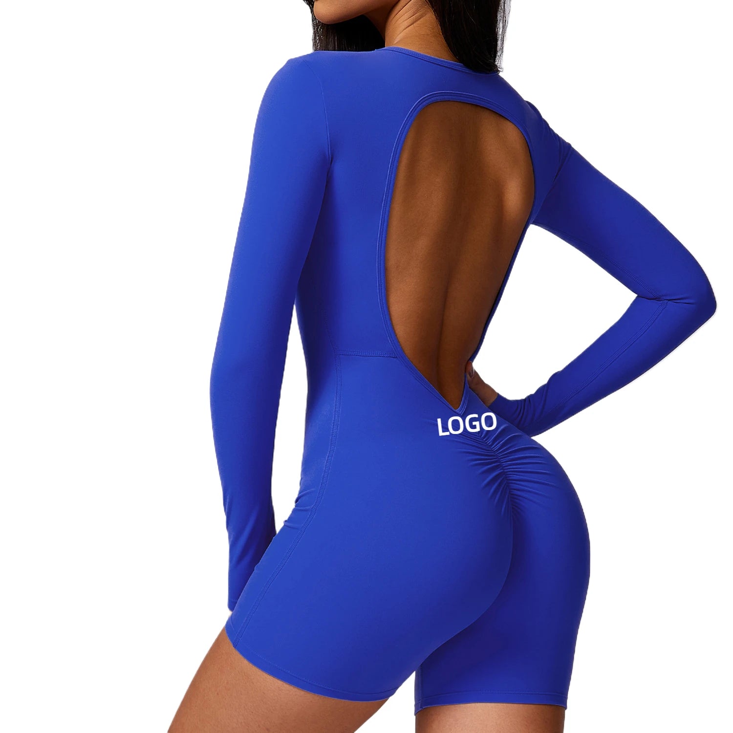 Custom Gym Fitness Set One Piece Yoga Wear Scrunch Shorts Long Sleeve One Piece Backless Women Jumpsuit and Rompers