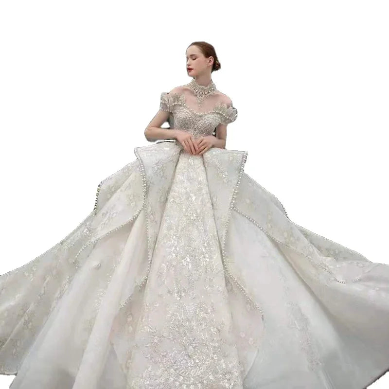 2021 One-Shoulder Beaded Wedding Dress Luxury High-End Ball Gown with Lace Decoration for Summer Bride with Large Tail