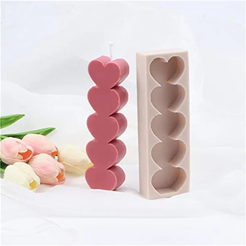 2024 DIY Homemade Reusable 5 Heart-Shaped Love Silicone Candle Mold 3D Soap Wedding Party Dinner Candle Making Home Decoration