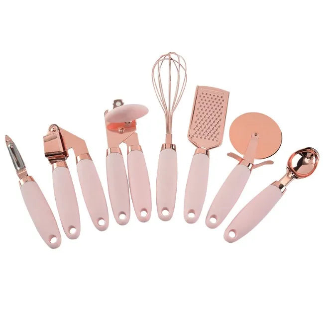 7-Piece Rose Gold Copper-Coated Stainless Steel Kitchen Gadget Set Soft Touch Pink Handles Boxed Utensils