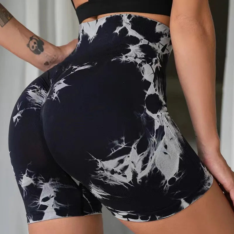 Women Scrunch Booty Lifting High Waist Yoga Gym Seamless Stretchy Biker Shorts Tie Dye Breathable Workout Peach Hip Shorts