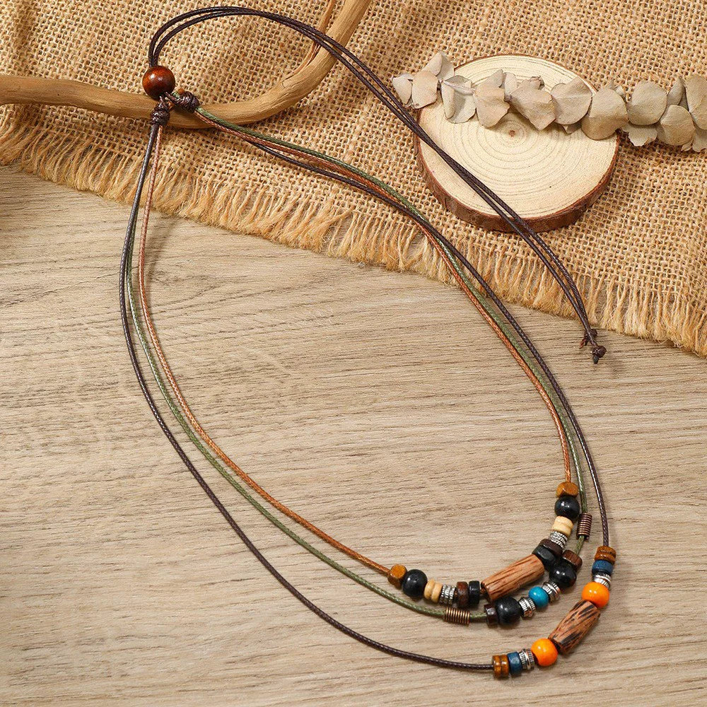 Wooden Bead Alloy Multi-layer Hand Woven Drawable Necklace with Punk Style Multi-layer Accessories Wholesale N2010282 MegaBDM