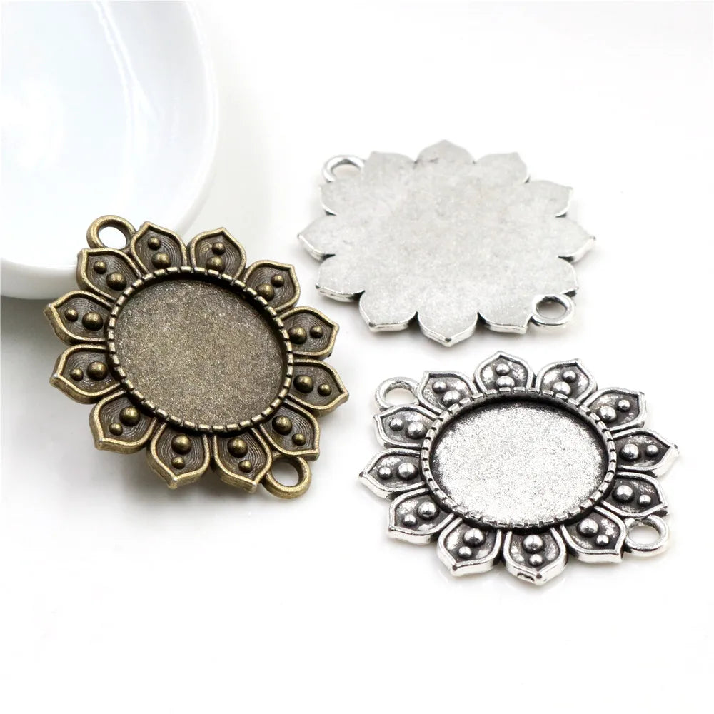 18mm Inner Size Antique Bronze Silver Plated Flower Connection Style Cabochon Base Cameo Setting Charms Pendant MegaBDM