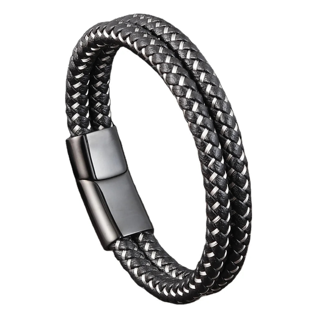 New Simple Design Stainless Steel Clasp Braided Real Genuine Leather Bracelet Men Bangle Jewelry JBS12299
