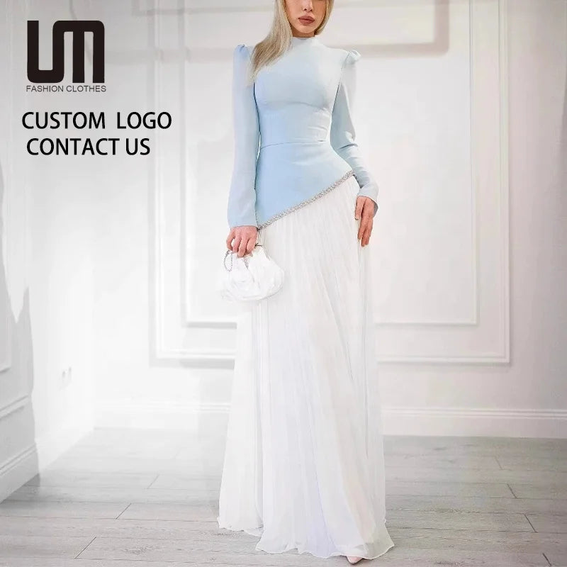 OEM Service Women's Prom Dresses - Long Sleeve Evening Gown with Pleat Details & O Neck (Customized Design)