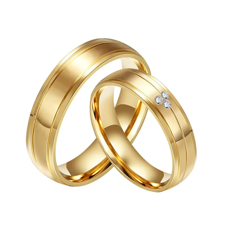 New Arrival Gold Plated Stainless Steel Couple Rings Zircon Engagement Ring Fashion Jewelry Wedding Rings