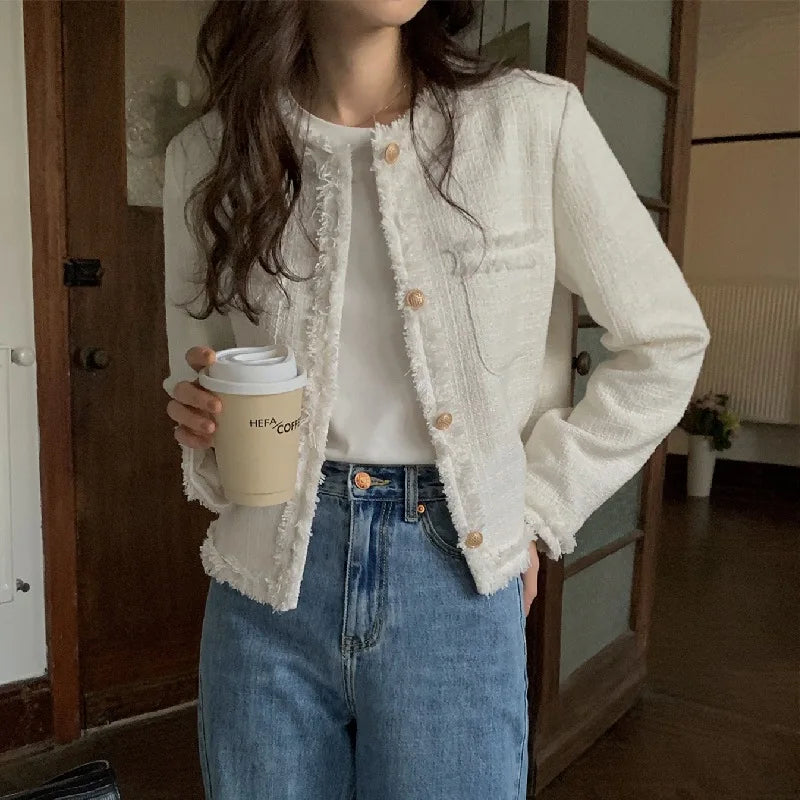 Fashion Paris Design Elegant Breathable Casual Single Breasted Cardigan Tweed Blazer Jacket Coat for Women