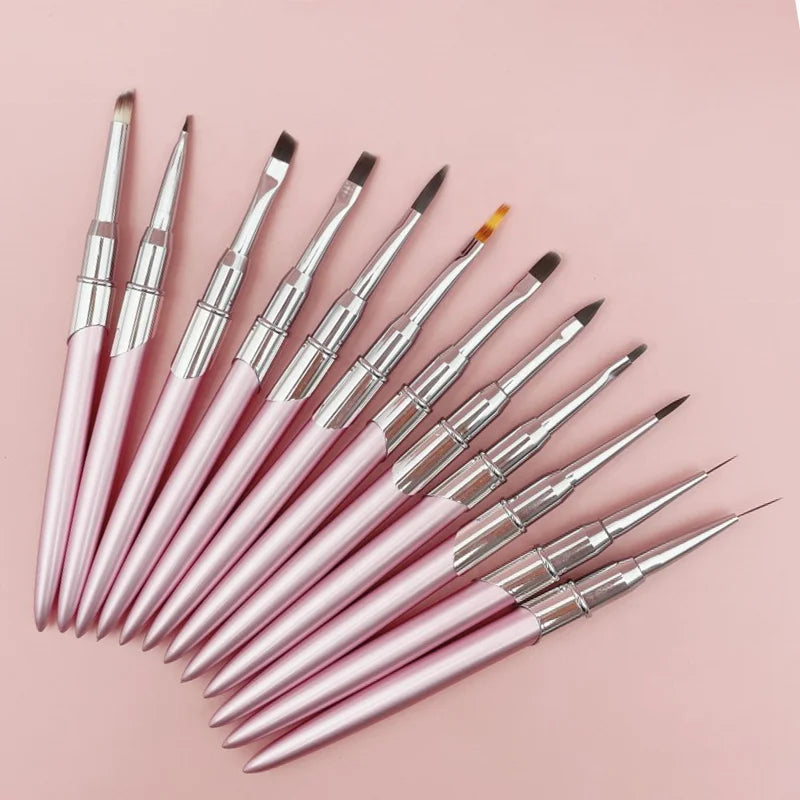 Custom Logo Nails Tool Set Metal Handle Acrylic Liner Stripe Painting Manicure Pink Ombre Gel Nail Art Brush