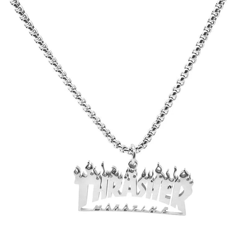 BINSHUO Wholesale Custom Stainless Steel Trendy Link Punk Waterproof Irregular Flame Pattern Letter Pendant Necklace Anniversary