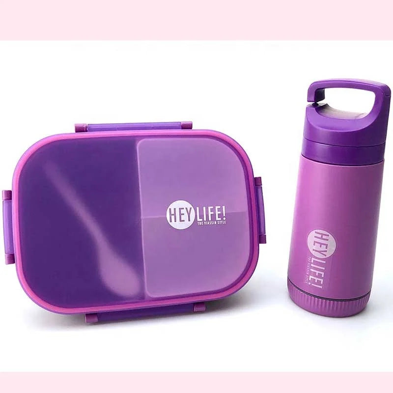 Hot Selling Rectangular Portable 3-compartment Children's Lunch Box with Water Bottle Set Leak-proof Microwavable Plastic Spoon