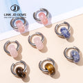 JD Unisex Trendy Bohemian Colorful Natural Pink Quartz Yellow Tiger Eye Donut Huggies Stainless Steel Silver Plated Hoop