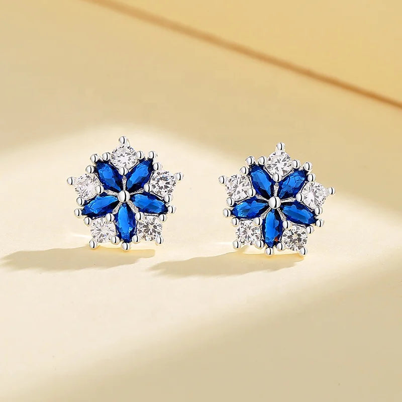 Minimalist Custom Fashion Jewelry Blue Flower Style Cubic Zircon Sterling Silver Huggie Earrings