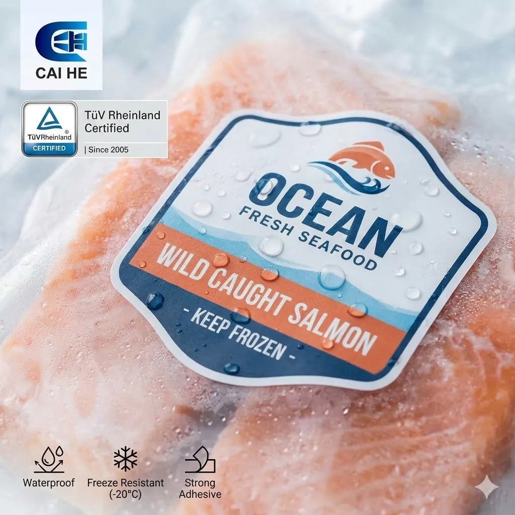 Weatherproof Vinyl Frozen Food Labels | Custom Die-Cut Stickers for Cold Chain Seafood Packaging | Strong Freezer Grade Adhesive