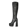 Fashion Waterproof Western Platform Handmade Women Knee Boots Croc Pattern Chunky Heels Black Autumn Winter