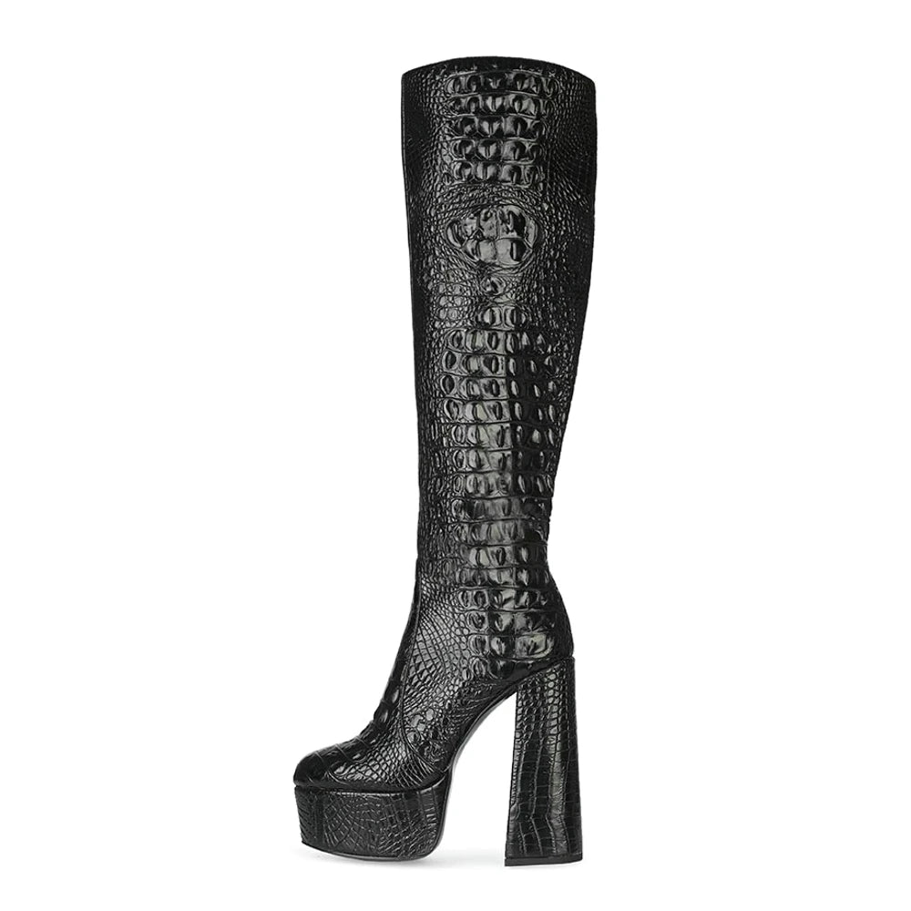 Fashion Waterproof Western Platform Handmade Women Knee Boots Croc Pattern Chunky Heels Black Autumn Winter