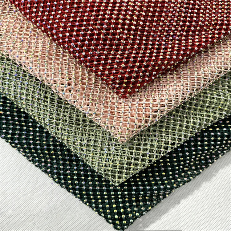 Low MOQ Custom Great Stretch Fish Net Mesh Fabric Sparkle Hollow Out Diamond AB Iridescent Crystal Rhinestone Fabric by the Yard