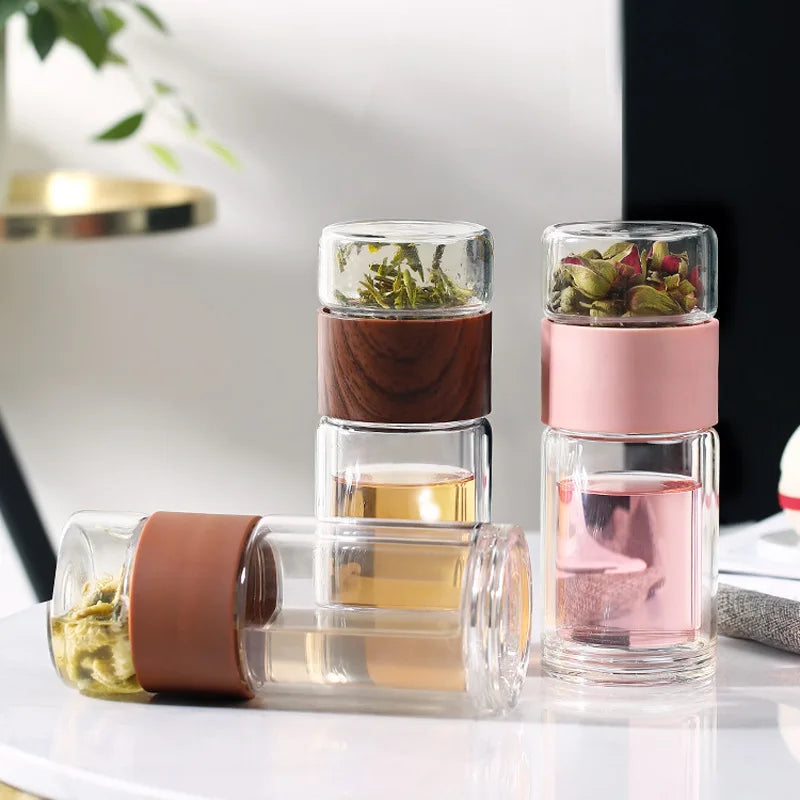 7 oz Double Wall Insulated Travel Mug Portable Tea Infuser Bottle with Glass Tea Infuser for Boiling Water
