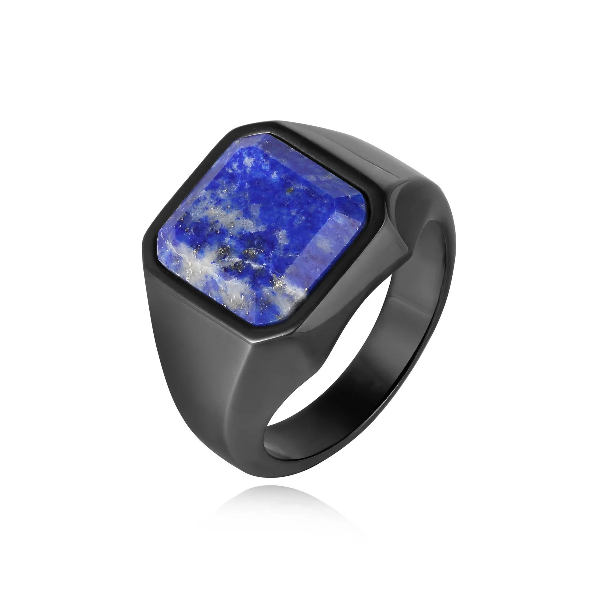 Luxury Jewelry Wholesale Black Plated 316L Stainless Steel Natural Lapis Square Finger Ring for Men