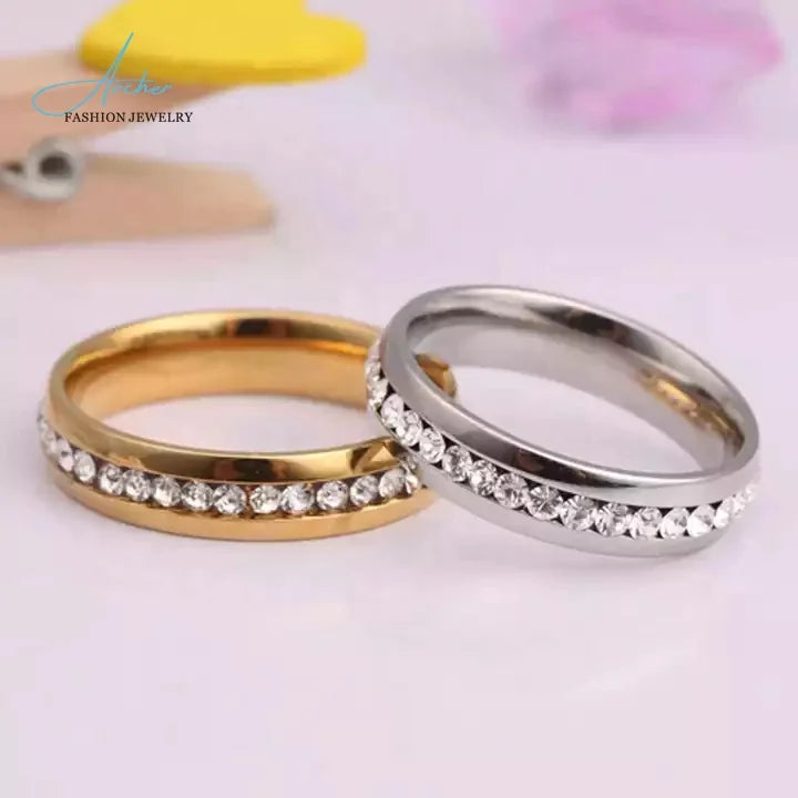 New Arrival 6mm Platinum Plating Crystal Promise Eternity Band Rings 14K Gold Plating Stainless Steel Zircon Engagement Rings