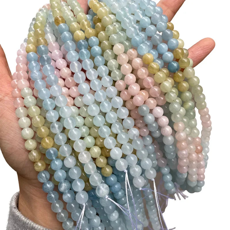 Round Mixed Color Natural Gems Rainbow Morganite Stone Loose Beads Strand Jewelry Making DIY Beaded Bracelet Necklace