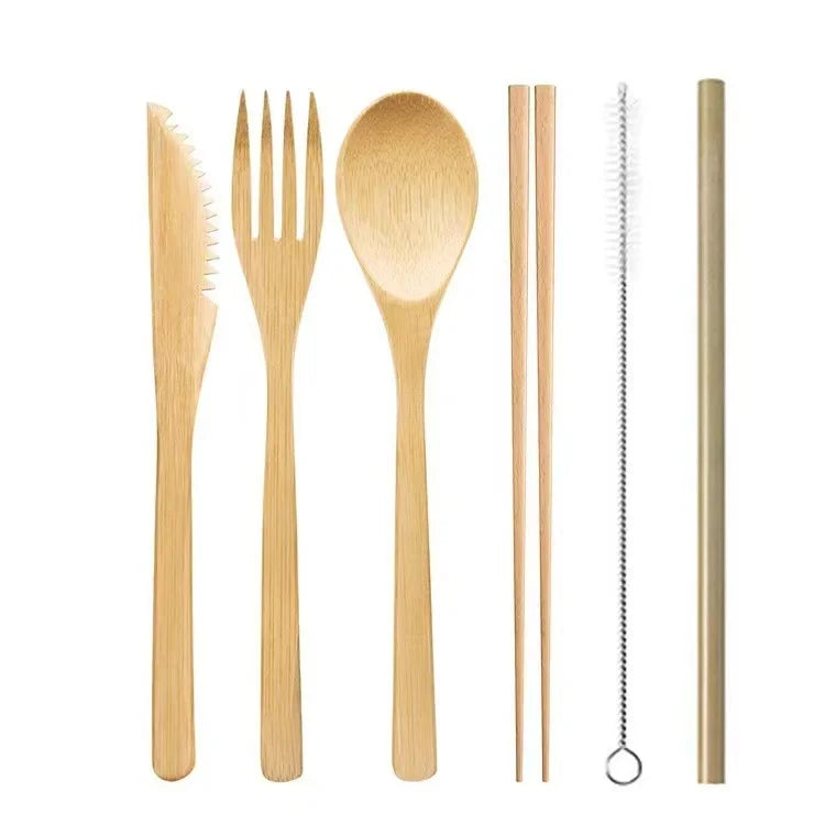 Eco-Friendly Portable Bamboo Cutlery Set with Pouch Reusable Travel Utensils Set Wooden Spoon Fork Knife Straw for Camping